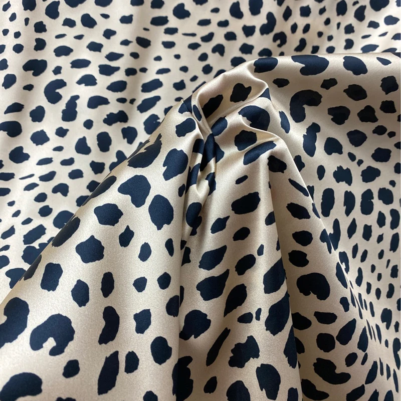 Black Leopard Printed Silk Satin Fabric - Smooth Blue Silk Fabric with 140CM Width 19MM-Good for Cheongsam Dress Pants R191