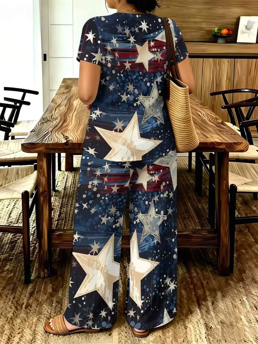 

Womens Star Print Loose Knit Two-Piece Set Casual Summer Outfit