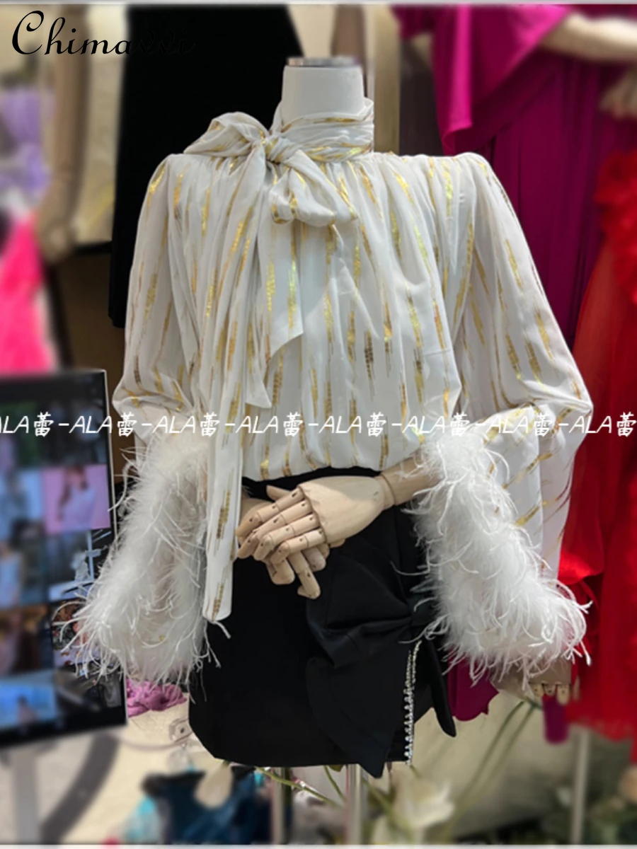spring-2024-new-british-fashion-gold-silk-ribbon-horn-feather-decorative-long-sleeve-shirt-loose-elegant-women's-blouse-tops
