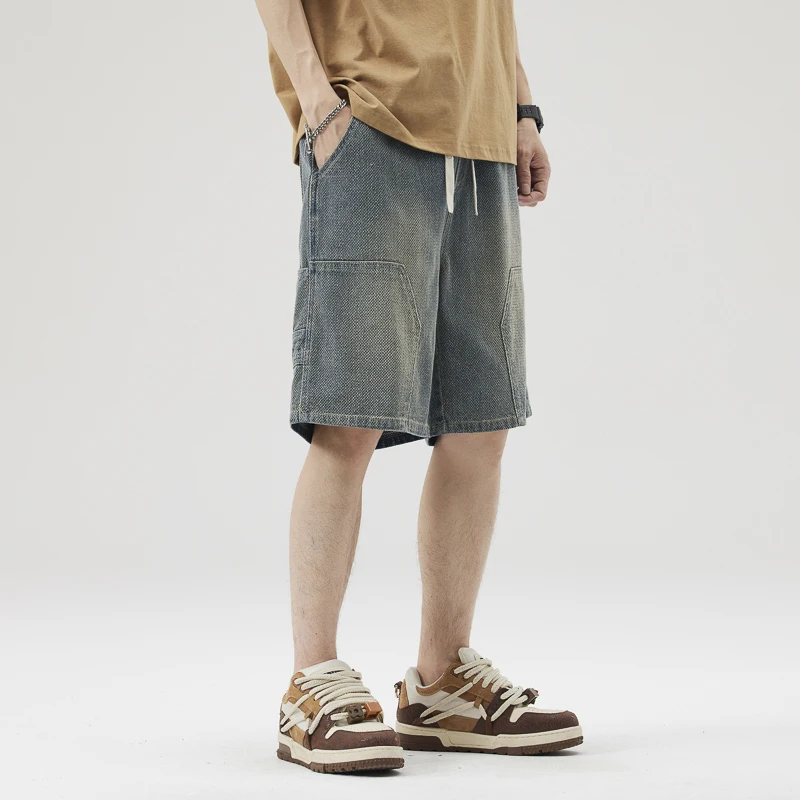 ผู้ชายฤดูร้อน DENIM กางเกงขาสั้นสินค้าหลวม Fit ขาตรง Distressed ล้างความยาวกลาง Casual VINTAGE กางเกงขาสั้นหลายกระเป๋า