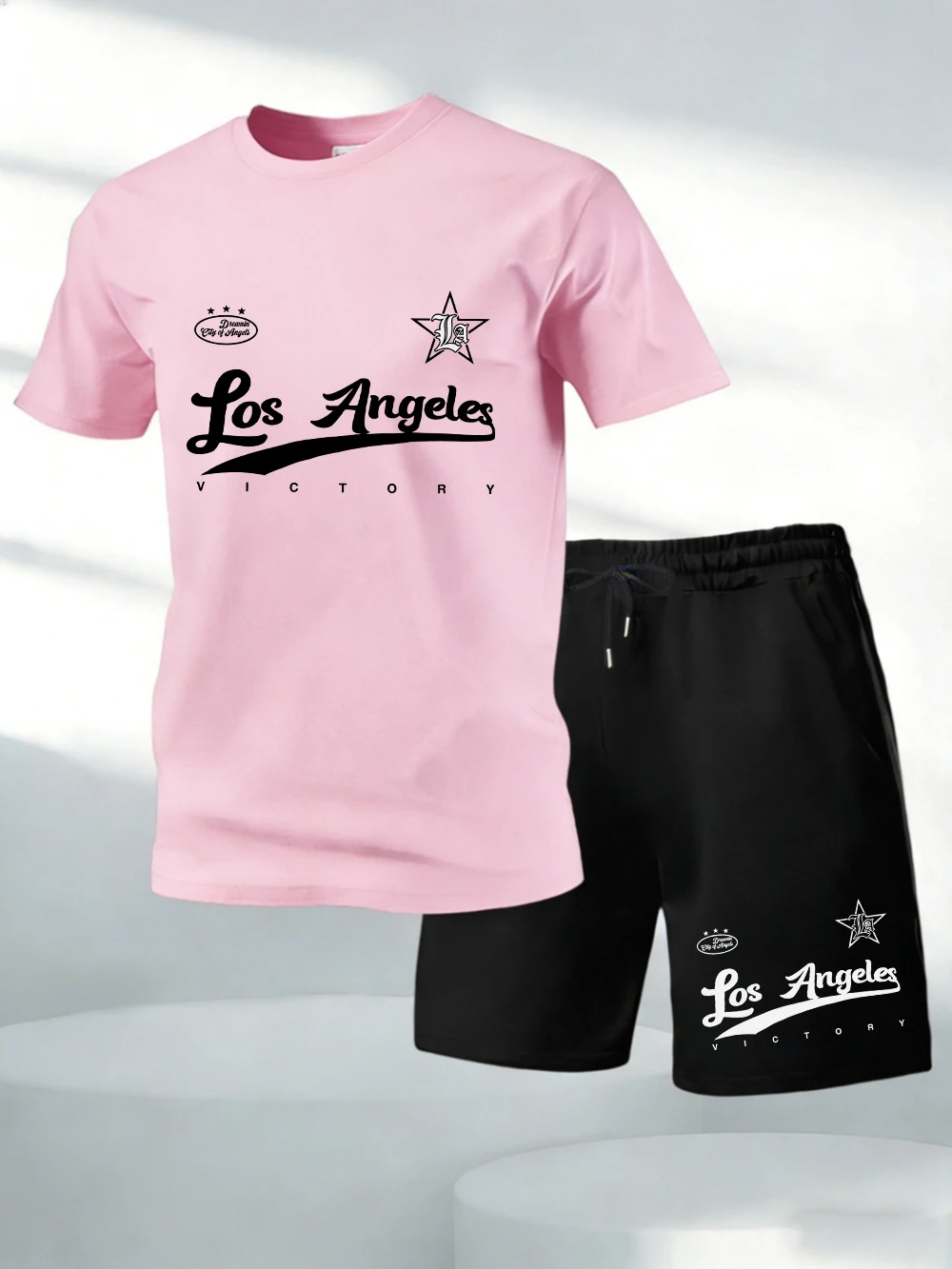 

Two Pieces Set Los Angeles Victory Letter Print Cotton T-Shirts Pants Mens Soft O-Neck Oversized Tops High Waisted Pocket Shorts