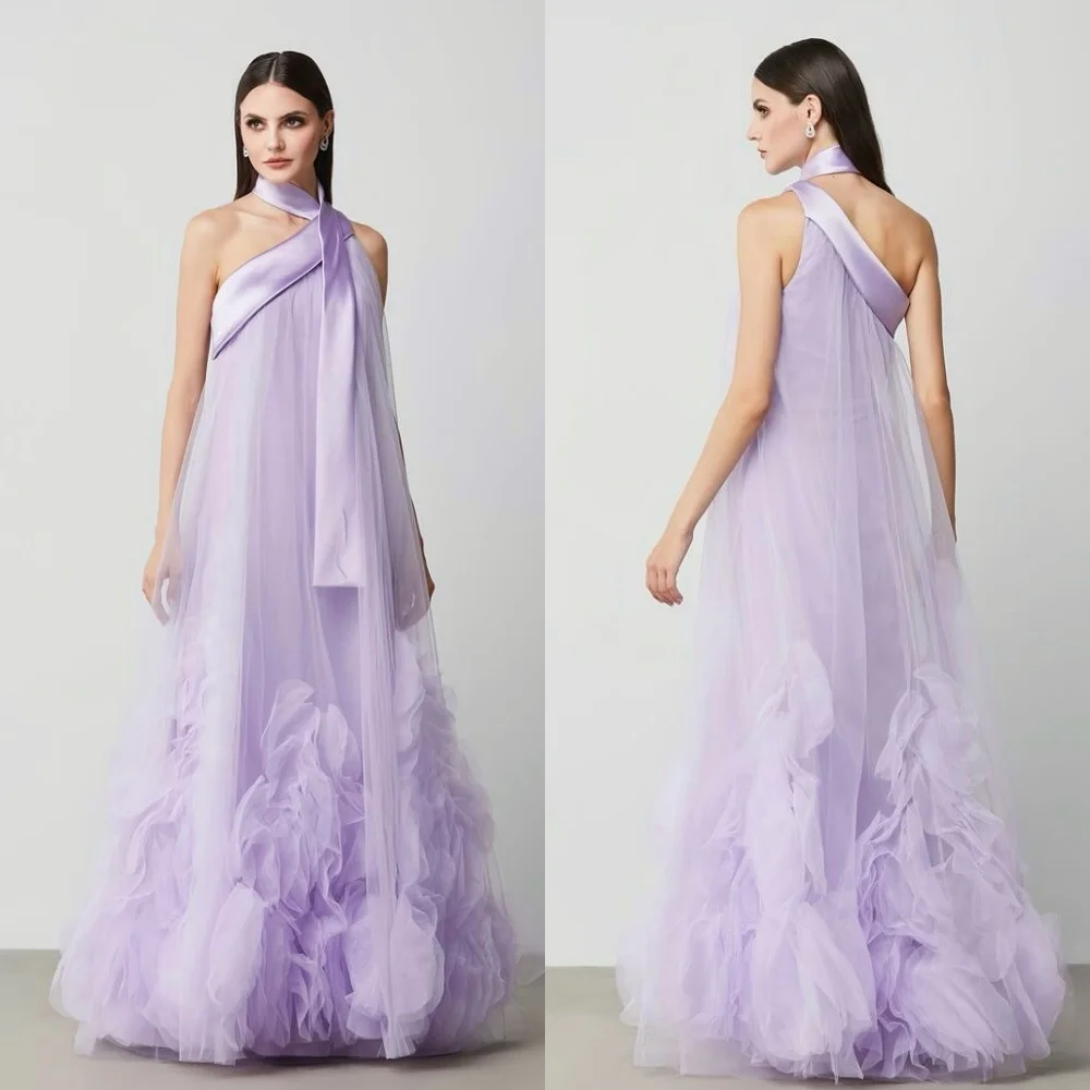 

Customized Net Pleat Handmade Flower Halter A-line Midi Dresses Bespoke Occasion Prom Party Elegant Evening Charming