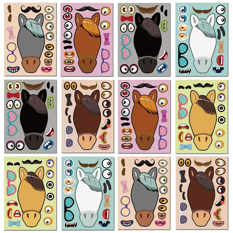 DIY Make A Horse Face Sticker Sheets Puzzle Games Fun Craft Activity For Children Boys Girls Kids Stickers Party Favor Gifts