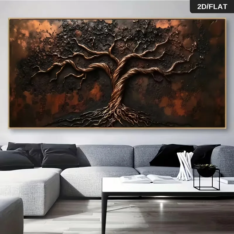 2D Flat 1pc Frameless Canvas Painting Extra Large Size Abstract Tree of Life Wall Art Decor - Modern Brown and Texture