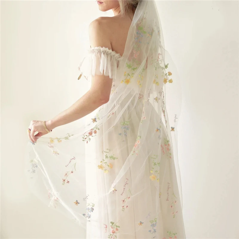 Wild Flowers Floral Bridal Veils With Comb Cathedral Long Embroidered Tulle Colorful Secret Garden Wedding Veil for Brides White