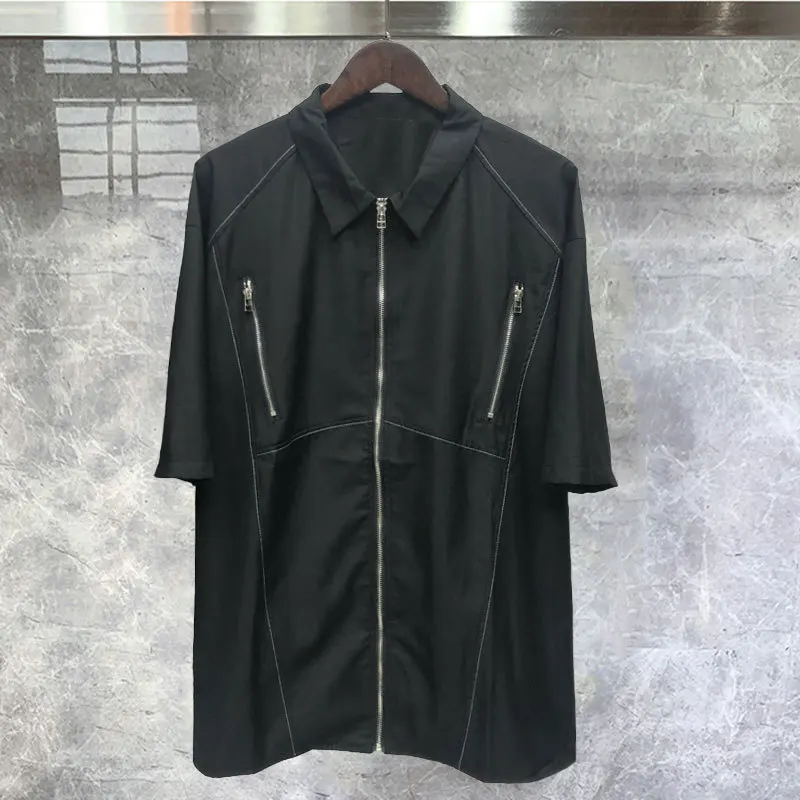 

Summer Fashion High Street Niche Design Zipper Decorated American Short Sleeved Shirt Label Loose Black Camisa Social Masculina