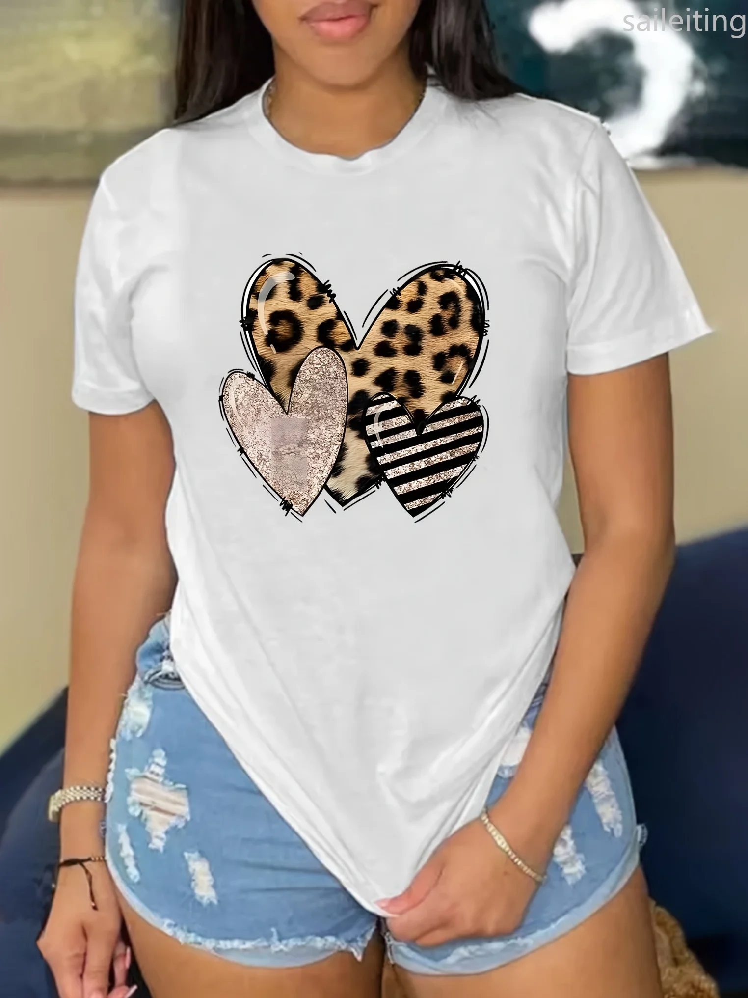 

Heart Print Tshirt Short Sleeve Crew Neck Casual Top for Summer Spring Women's Clothing Summer Short Sleeved Harajuku Streetwear