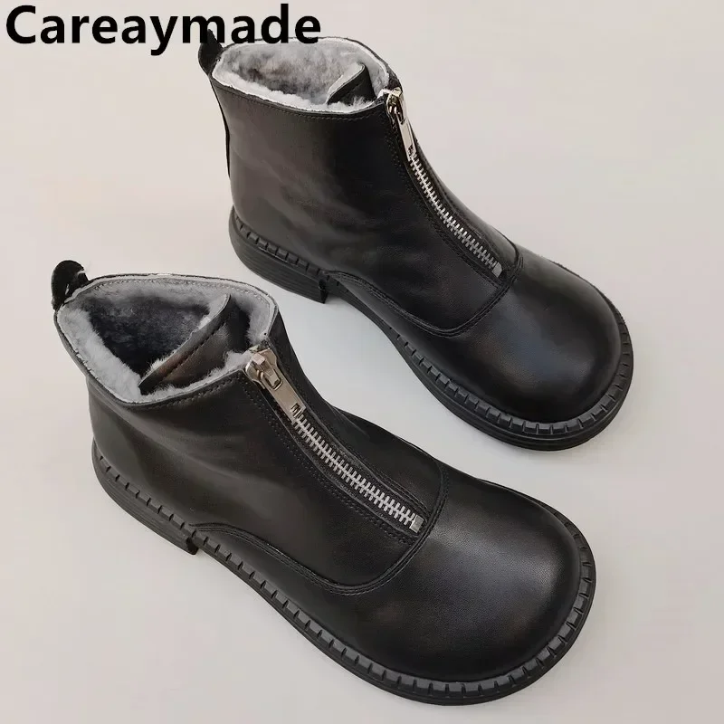 Botas cortas informales para hombre, zapatos de trabajo cálidos de lana de vaca, con cabeza grande ancha, Careaymade-100 % cuero genuino