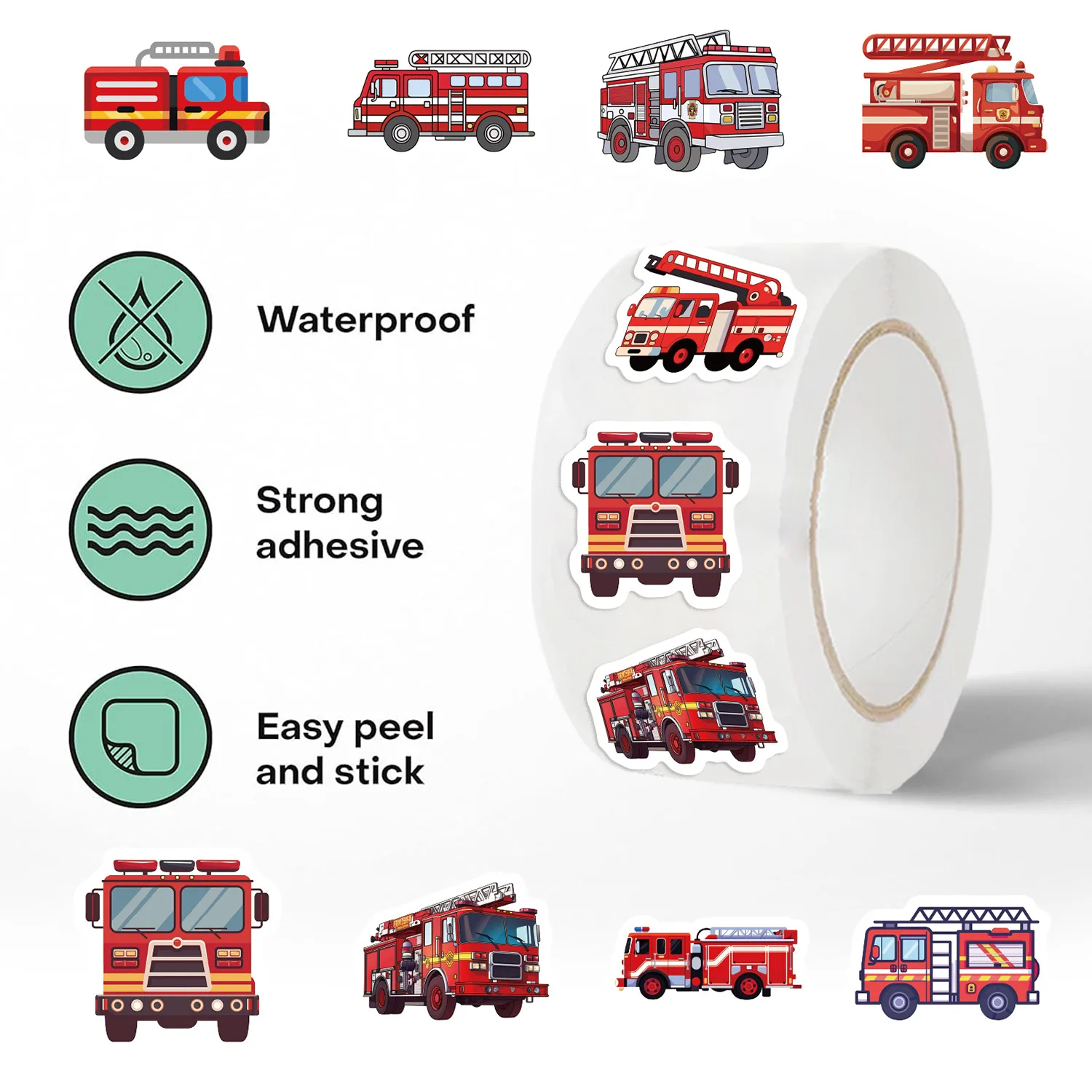 لفة ملصق Bview Art 500 قطعة: ديكور قصاصات على شكل شاحنة إطفاء، أختام مغلف ذاتية الصنع، شريط مزخرف