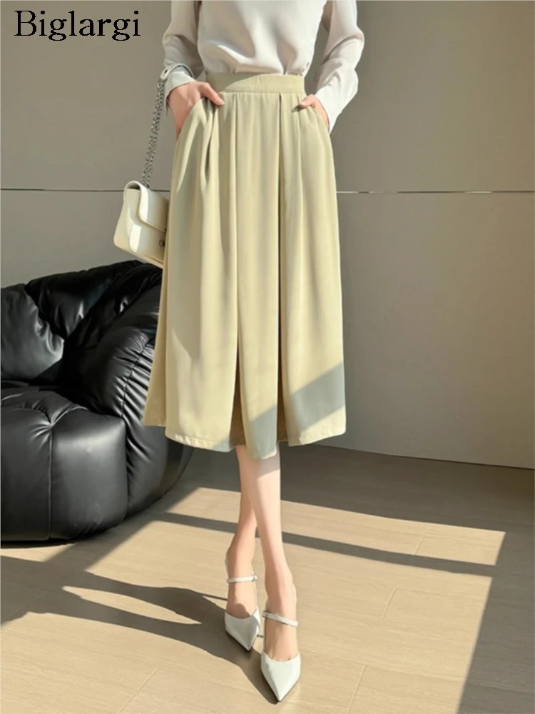 

Summer High Waist Midi Skirt Women A-Line Ruffle Pleated Fashion Office Ladies Skirts Korean Style Loose Woman Skirts