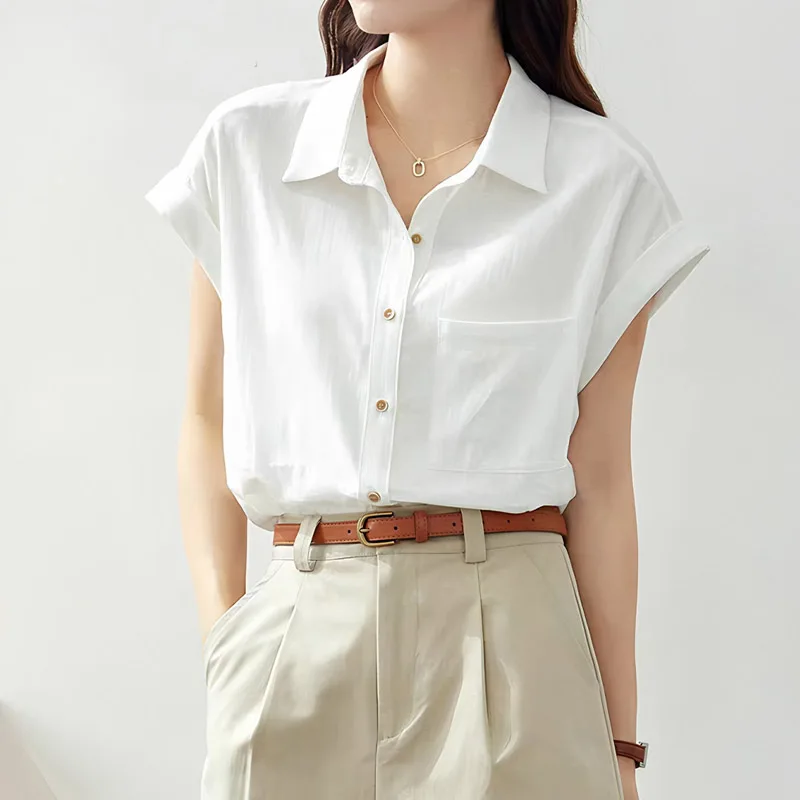 

White Women's Short Shirt Summer Blouse Petite Japanese Style Commuter Workwear Flutter Sleeve Top