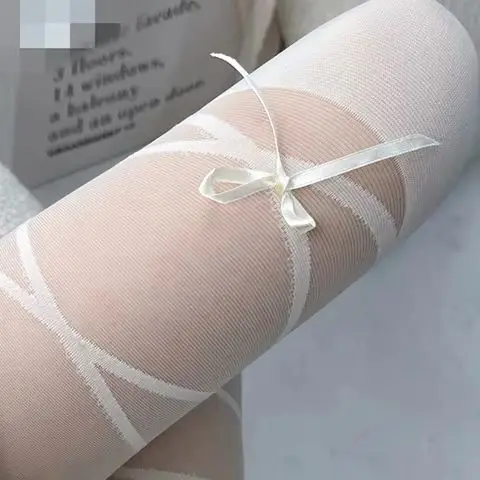 

Японский тип, ажурные колготки с искусственным перекрестным принтом, женские сетчатые колготки с бантом, черно-белые чулки Bas Resille