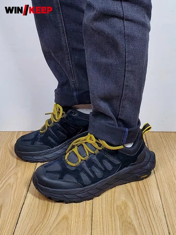 Mens Breathable Outdoor Hiking Shoes Low Cut Lace Up Thick Platform Spliced Camping Shoes Man Breathable Outdoor Sports Sneakers