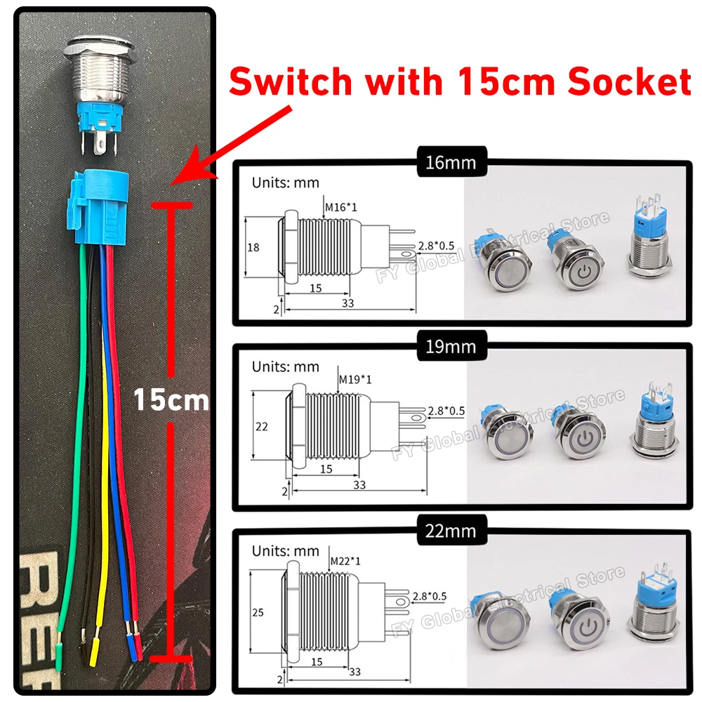 Custom 16/19/22MM Symbols DIY Logo Icon Power Metal Push Button Switch with Socket LED 12V 24V Self-reset Fixed Self-locking Car