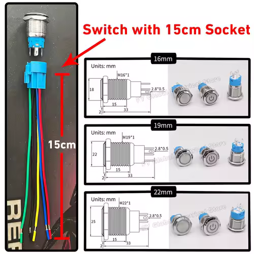 16/19/22mm Customized Metal Push Button Switch with Socket Start Stop For Car Boat Fog Black/Silver Waterproof LED Light 12V 24V - Image 5