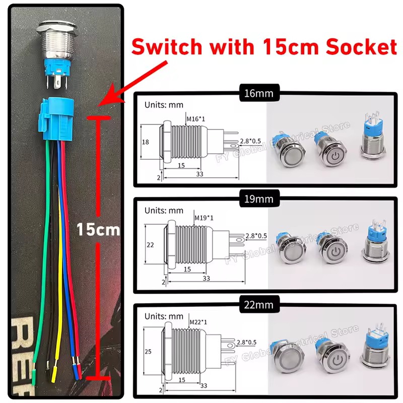 16/19/22mm Customized Metal Push Button Switch with Socket Start Stop For Car Boat Fog Black/Silver Waterproof LED Light 12V 24V - Image 5