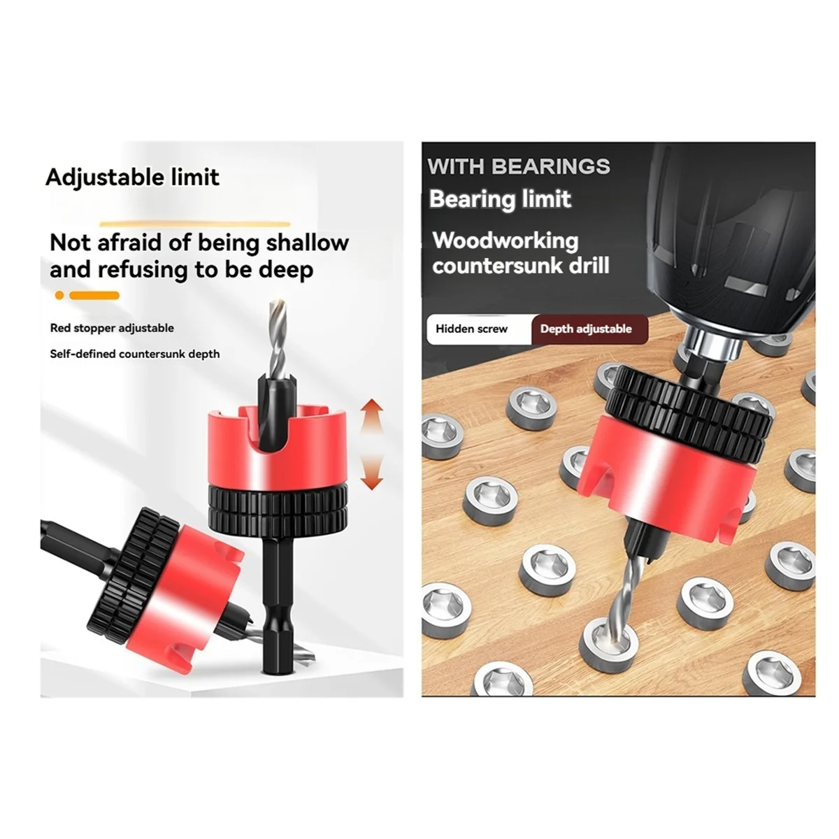 N18R 2PC Woodworking Limit Countersink Drill Non Slip Hexagonal Shank with Bearing Adjustable Step Drill Screw Opener