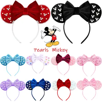 Bílé perly Mickey Mouse Ears Čelenka pro karnevalové děti měkká bavlněná mašle vlasové doplňky ženy Disney Minnie Hairbands dívčí dárek 10 nejlepší prodej Čelenka s ušima Minnie Mouse - №7