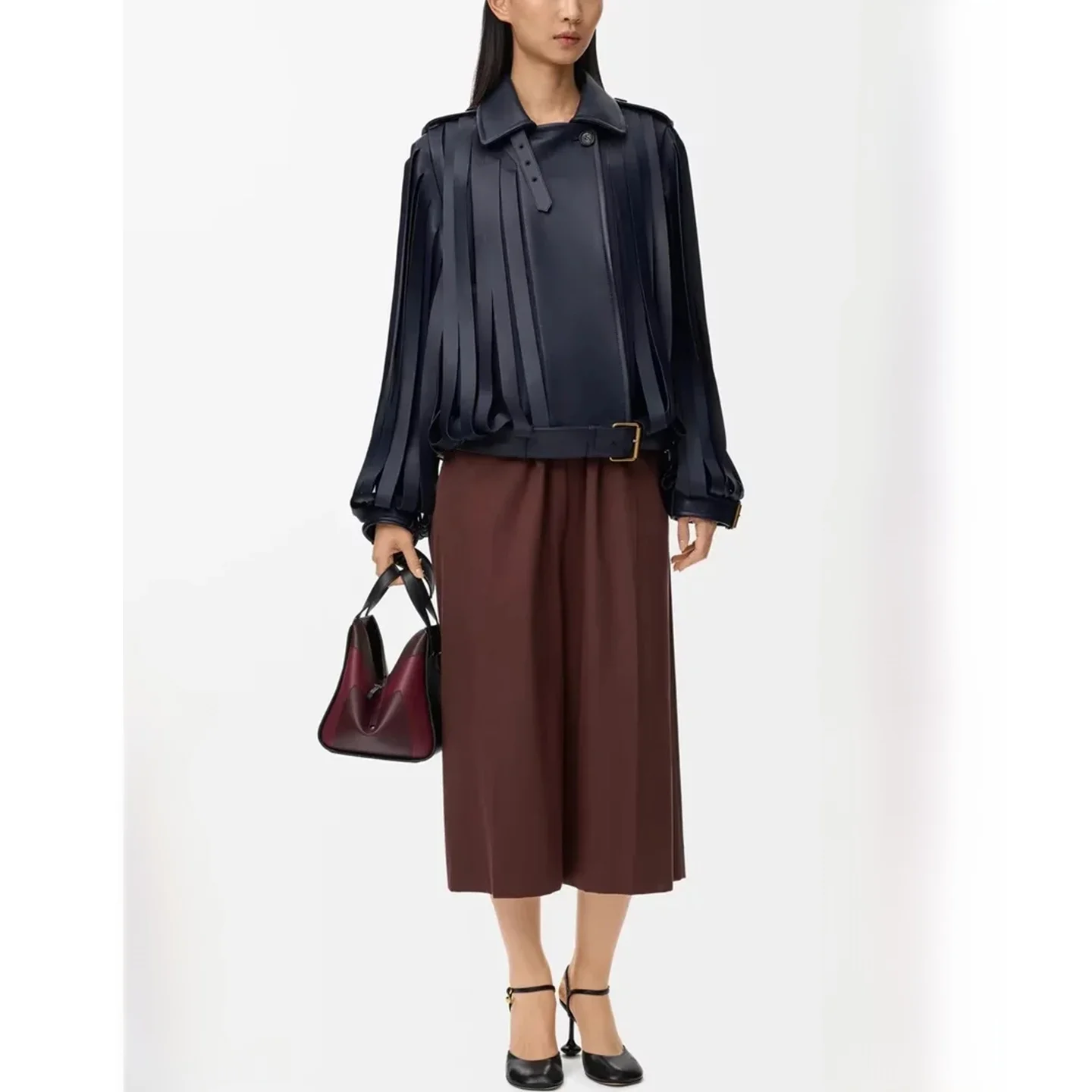 Invierno nueva mujer motocicleta Sle PU cuero ort Jaet con decoración de flecos largo Sve cuello vuelto abrigo con cierre de botón