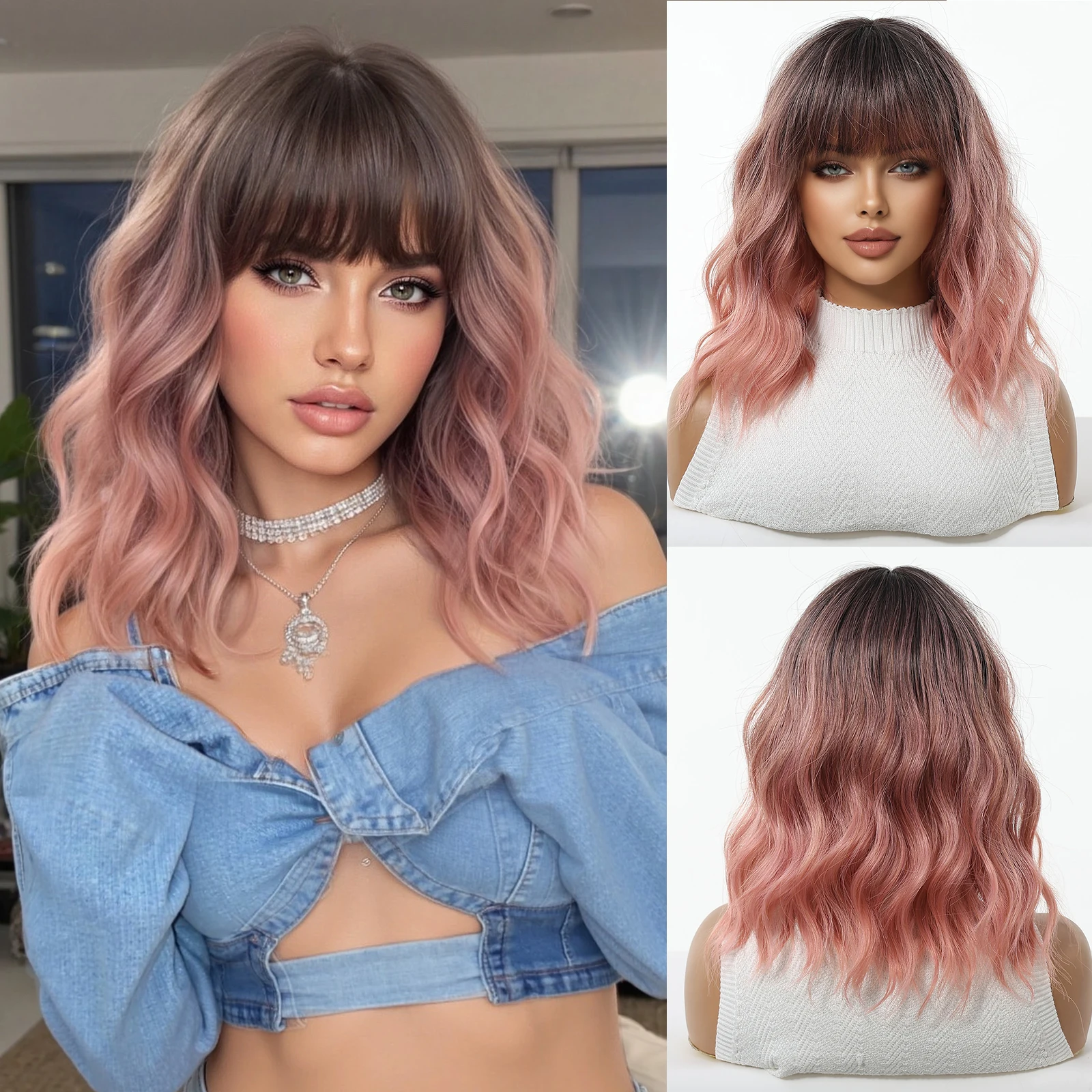 

ALAN EATON Shoulder Length Pink Wave Synthetic Wig with Bangs Dark Root Wig for Women Daily Cosplay Use High Temperature Fiber