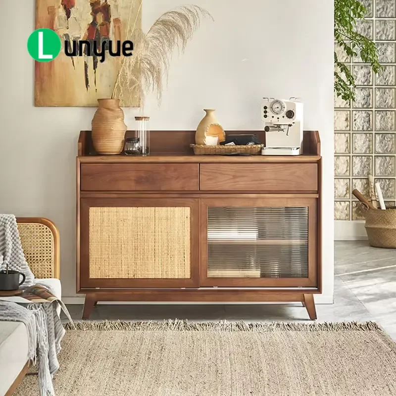 High Quality Solid Wood Dining Side Cabinet with Rattan Modern Living Room Storage Locker for Home Organization and Decor
