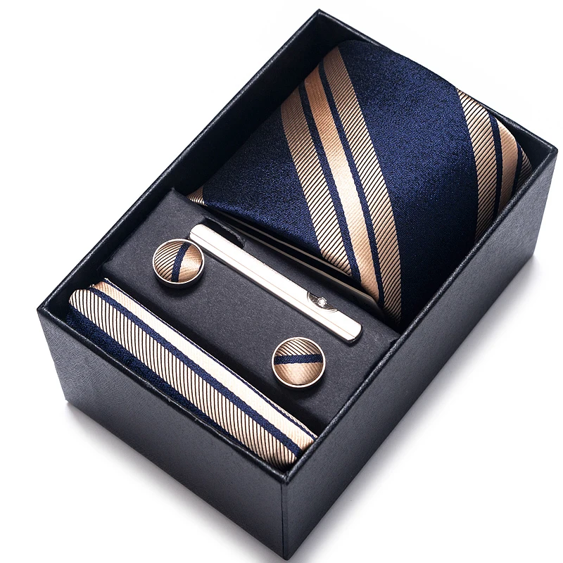 Wholesale Brand Tie Handkerchief Cufflink Set For Men Necktie Holiday Gift Box Blue Gold Suit Accessories Slim Wedding Gravatas