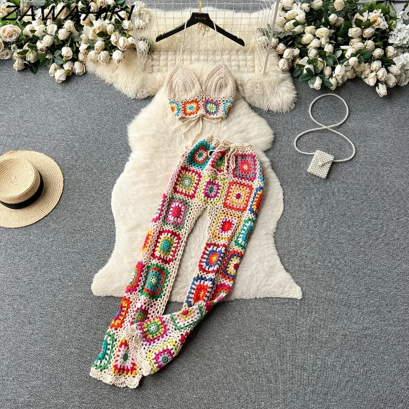 Knitted Suit Female Heavy Croche Fashion Camisole + All Match Wide Leg Women's Pants Contrast Color Vintage Two Piece Set Women