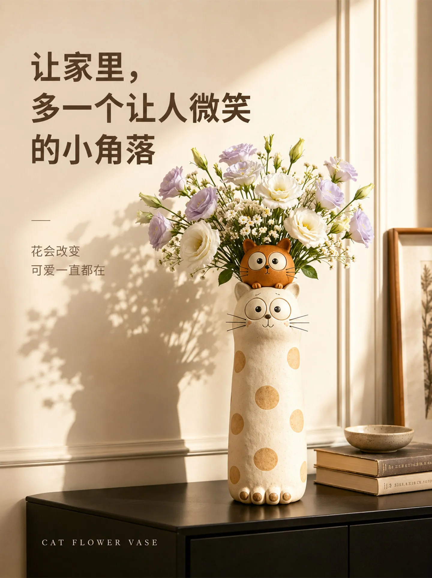 Handmade Cartoon Cat Vase Ornament, Retro Chinese Style Cute Kitty Flower Vase for Fresh Flowers, Desktop Tabletop Decoration fo