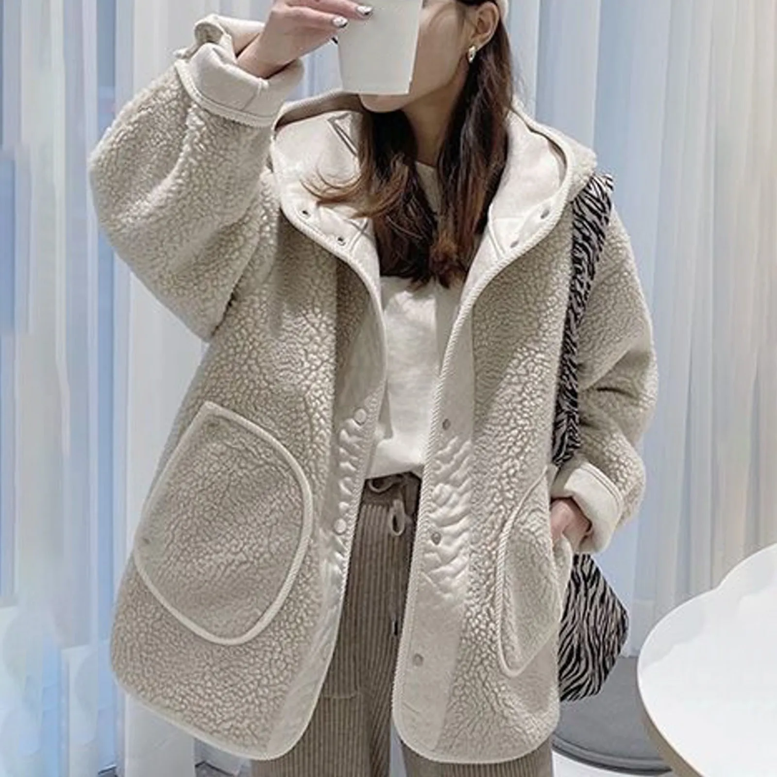 Women'S Solid Color Casual Fleece Coat Autumn Winter Plus Fleece Warm Comfort Coat Fashion All-In-One Casual Hooded Coats