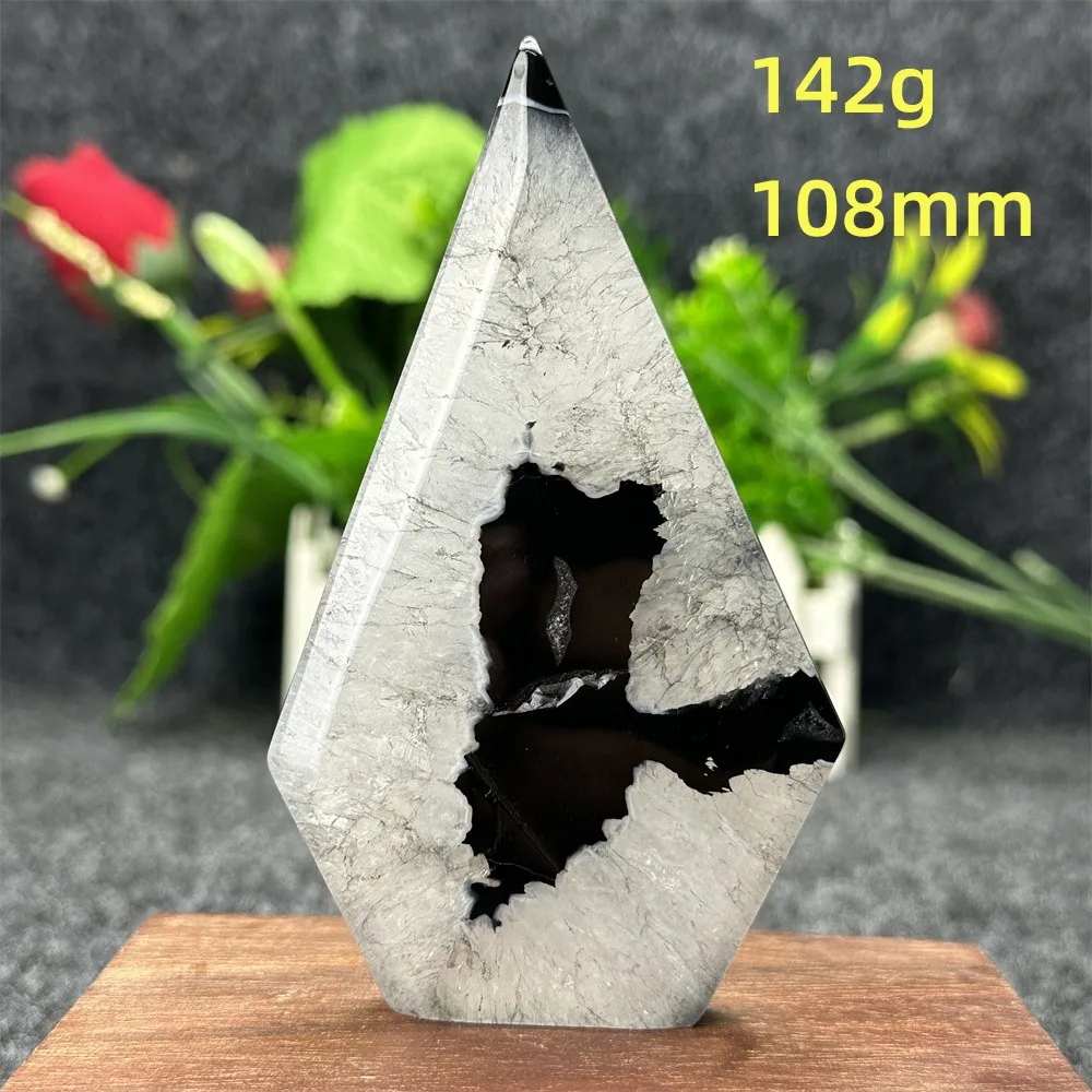 Natural Gemstone Black Agate Triangle Rhombus Torch Healing Aura Feng Shui Evil Spirit Meditation Spiritual Home Decoration