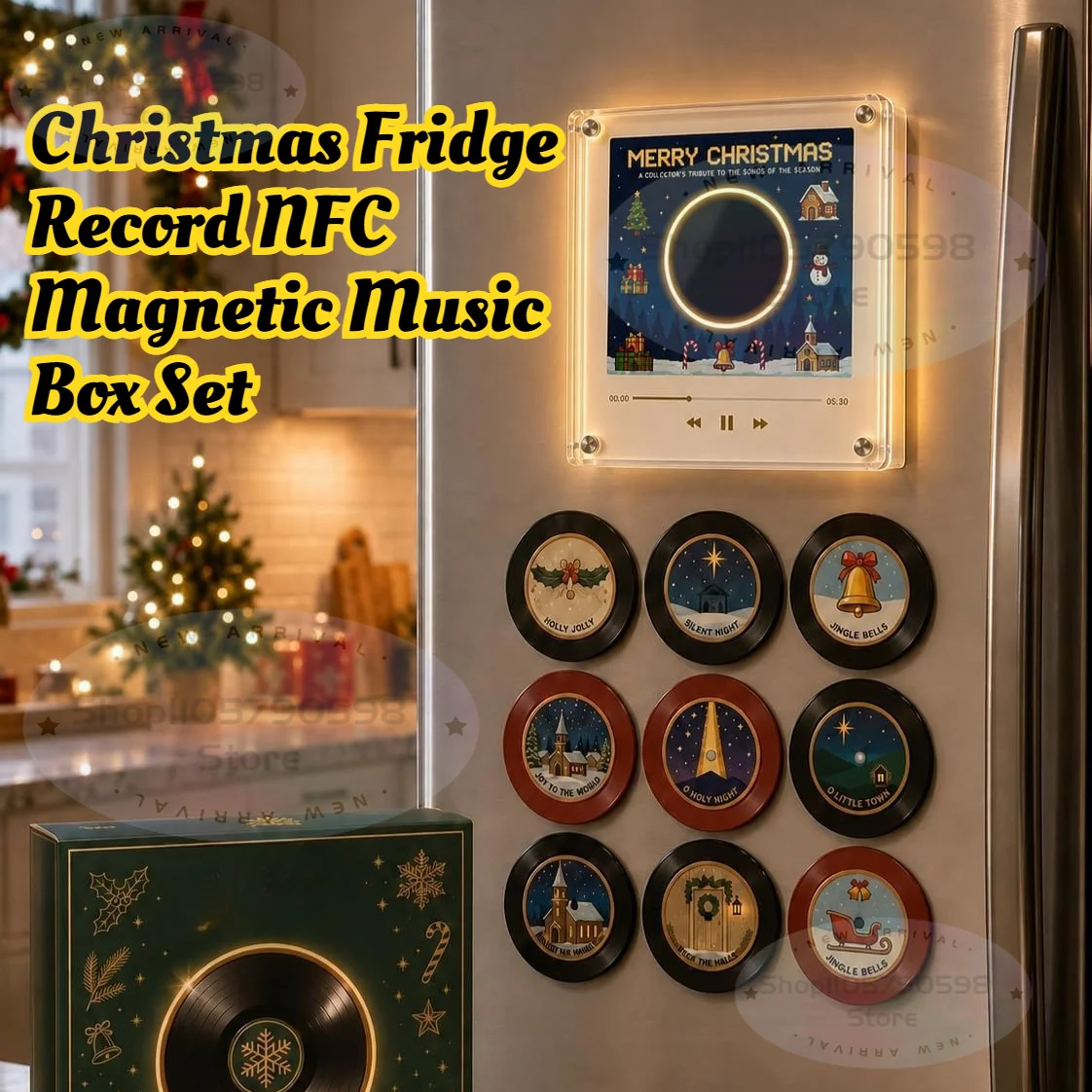 Christmas Vinyl Player Fridge Record NFC Magnetic Music Box Set,Mini Jingle Magnets,9 PCS Programmable Playback,Desk Decor Gift