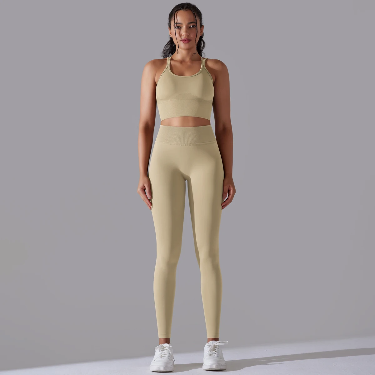 Gebürstetes Yoga-Set für Damen, 2-teilig, Workout, Sportbekleidung, überkreuzter Rücken, Sport-BH, hohe Taille, Leggings, Fitnessstudio, Kleidung, Sportanzüge – Detail 38