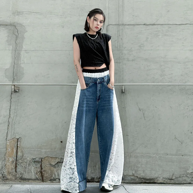 EAEOVNI уличная одежда, джинсовые длинные брюки Y2K, кружевные лоскутные брюки контрастного цвета, свободные широкие брюки с высокой талией, новинка 2023 г.