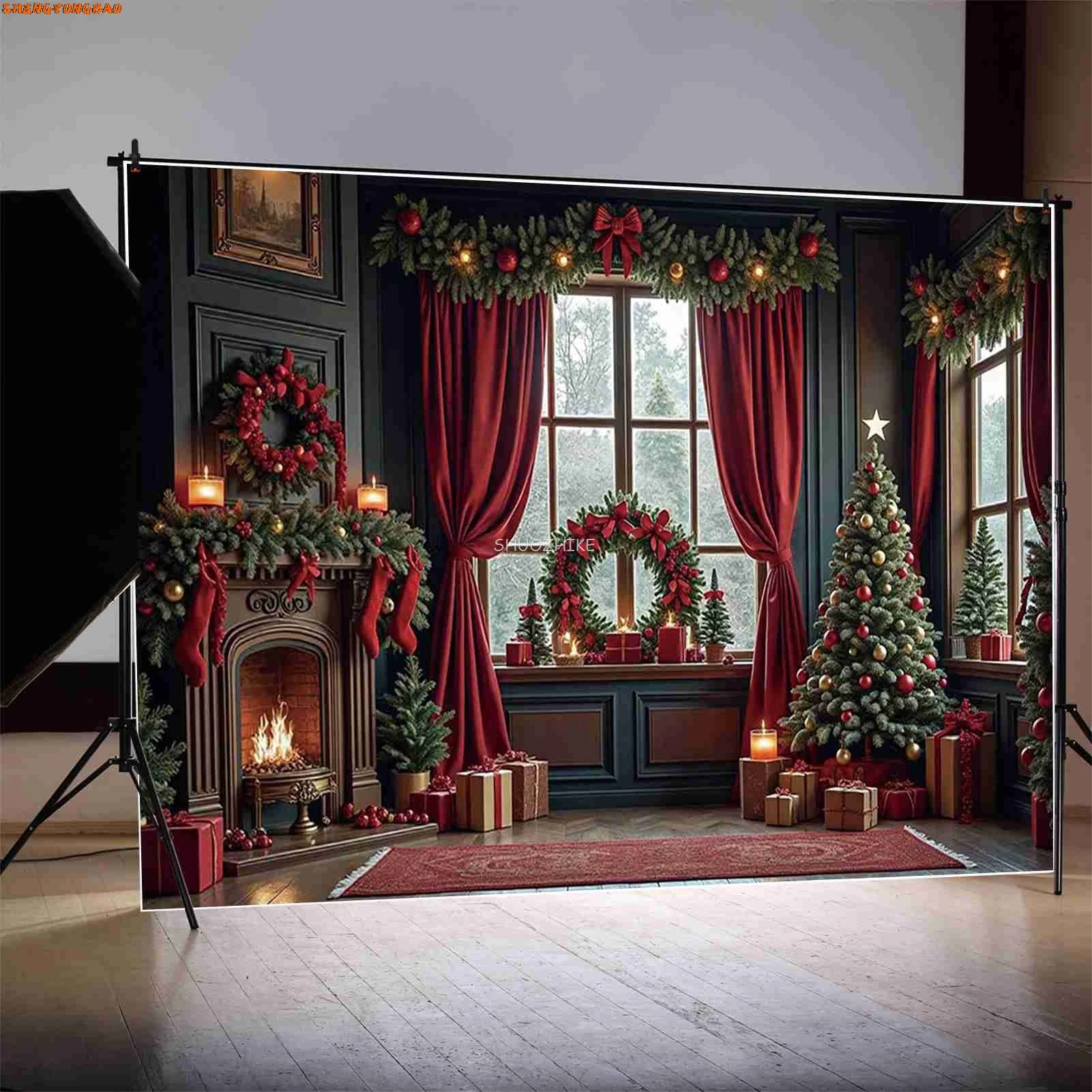 Luxury Large Christmas Trees Backdrop Photography Curtains Snow Pine Home Decoration Background Child Photo Studio Props