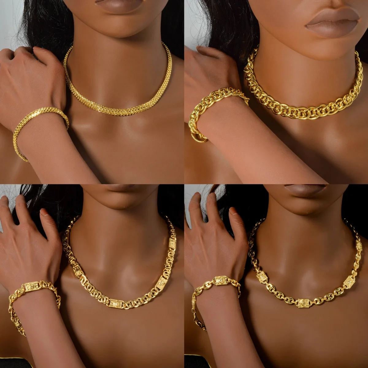 

Chain Necklace Bracelet Set For Women Gold Plated Thick Link Choker Jewelry Set Vintage Hip Hop Jewelry Gift Party Daily Wear