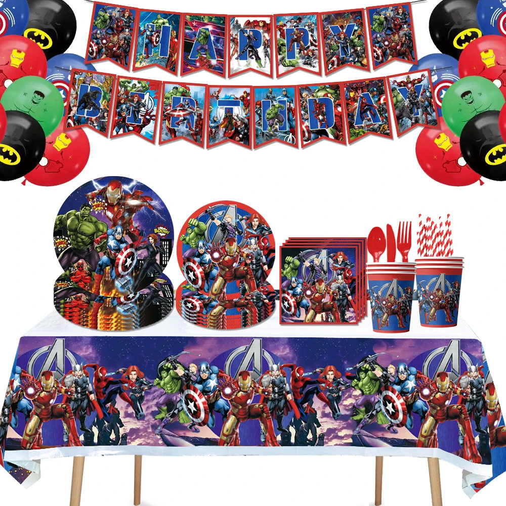 

Avengers League Super Hero Party Decoration Supplies Children's Birthday Tableware Table Cloth Red League Theme Boys Set