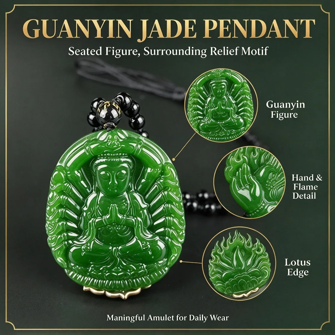 Natural Green Jade Guanyin Pendant Necklace Goddess Mercy Amulet Vintage Sweater Chain Jewelry Daily Lucky Gift Drop Shipping view 2