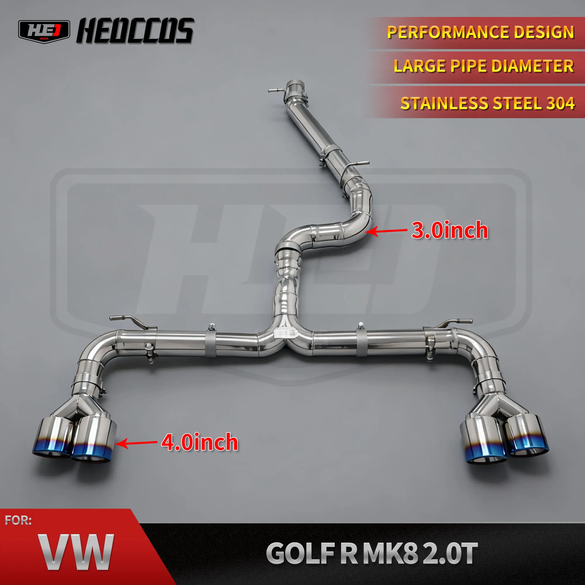 HEO 76mm/3.0INCH High Performance Exhaust System Catback For Golf R MK8 2.0T Catback Exhaust System SUS304 Electroplating Tips