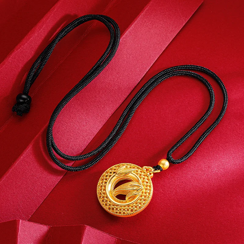 

Luxury 24K 9999 Pure Gold real gold Hollow Filament Woven Pattern Peace Buckle Bamboo Leaf Pendant