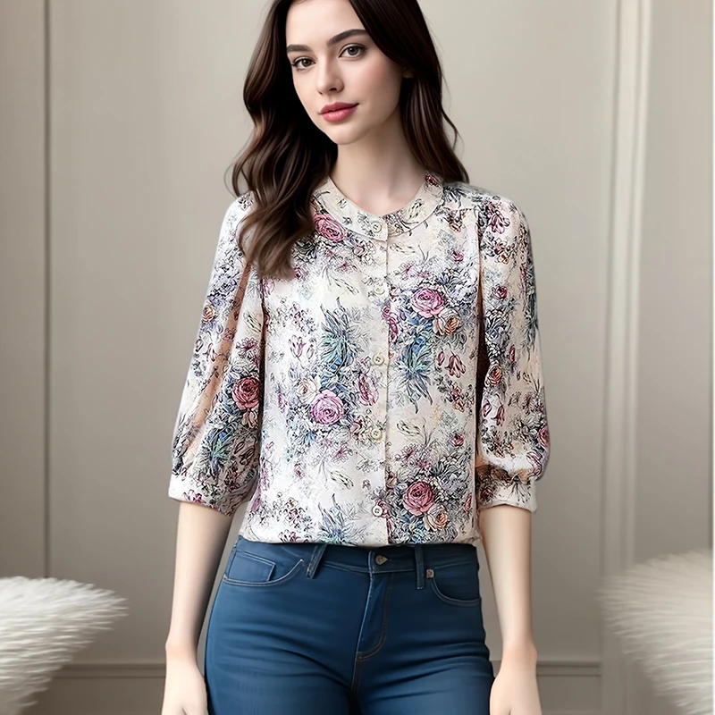 หรูหราสบายๆดอกไม้เล็กๆ O-คอเดี่ยว Breasted TopThree-quarter แขนยาวสําหรับผู้หญิงเสื้อและเสื้อแนวโน้ม