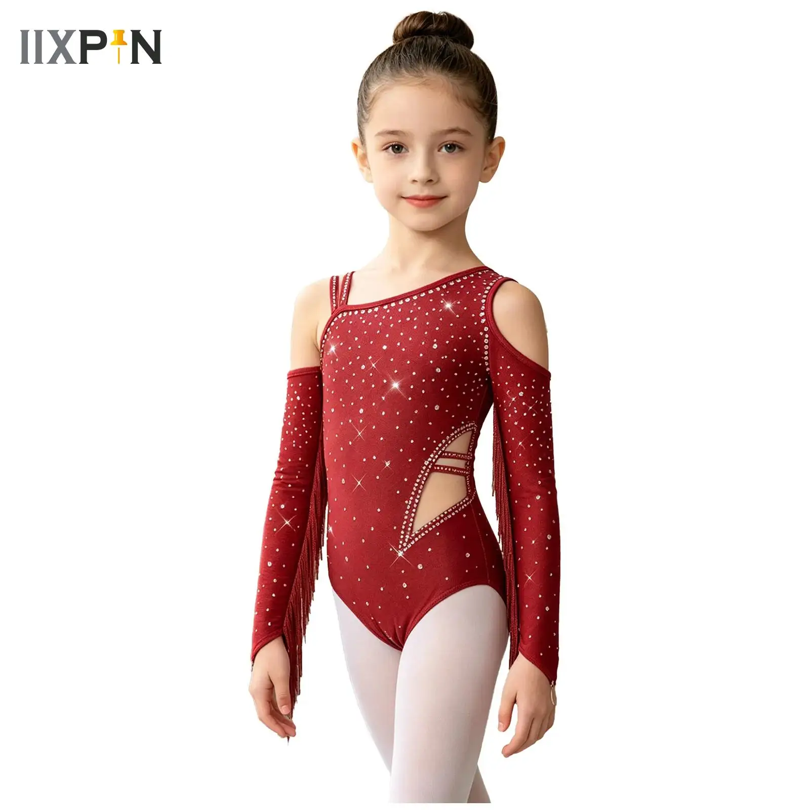 

Kids Girls Tassel Skirted Leotard Bodysuit Dress Shiny Rhinestones Sheer Mesh Gymnastics Body Suit Figure Skating Dancewear