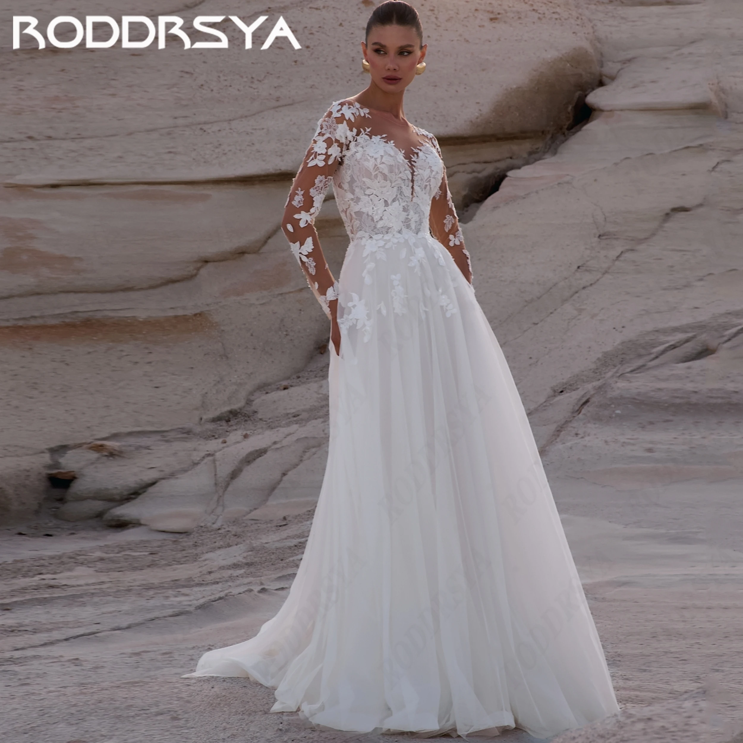 RODDRSYA Customized Lace Applique Wedding Dress Illusion Tulle Bride Gown For Lady A Line Bridal Dresses Long Sleeve abiti sposa