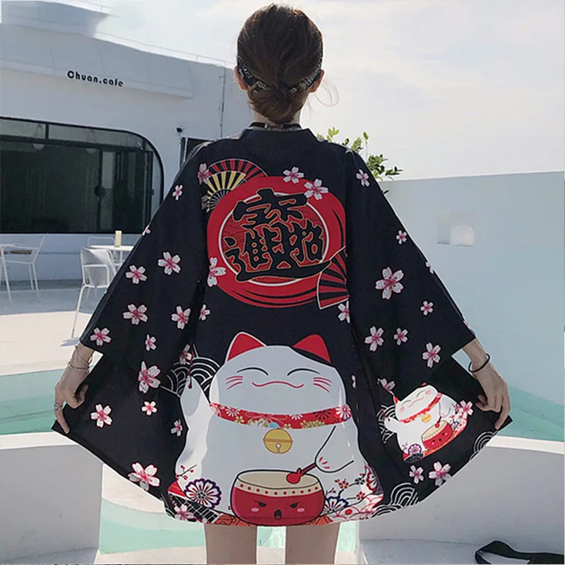 Kimono japonés con estampado de gato Haori para hombre y mujer, Kimono Yukata samurái, ropa tradicional asiática, cárdigan Harajuku, camisa de Cosplay