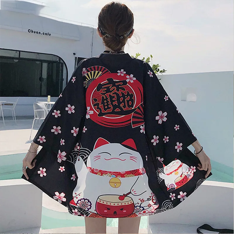 Japanse Kat Print Haori Kimonos Yukata Samurai Mannen Vrouwen Kimono Traditionele Aziatische Kleding Harajuku Vest Shirt Cosplay