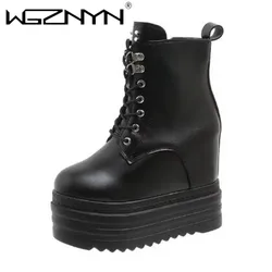 Brand Punk Style Women 12CM Platform Wedges Boots Autumn Soft Leather Fashion Metal Rivet Female Lace Up High Heel Gothic Shoes