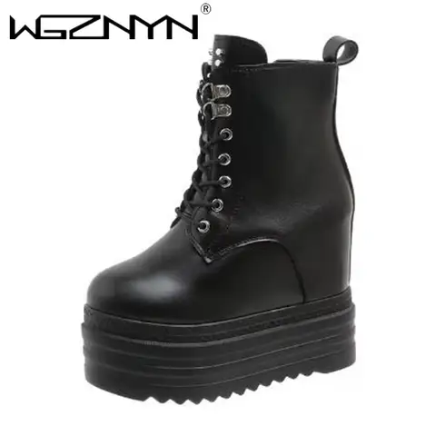 Brand Punk Style Women 12CM Platform Wedges Boots Autumn Soft Leather Fashion Metal Rivet Female Lace Up High Heel Gothic Shoes