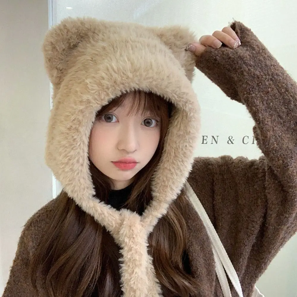 

Fashion Cute Bear Ears Winter Hat Woolen Velvet Lining Windproof Cap Cold-proof Plush Cycling Cap for Women