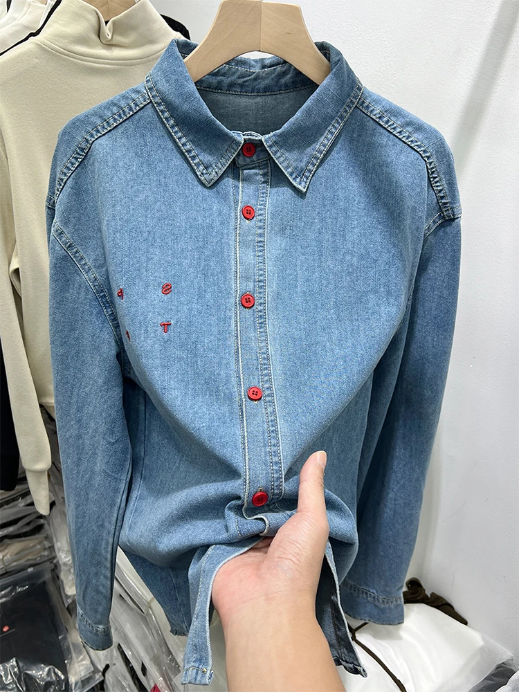 

Женская джинсовая рубашка с вышивкой, новинка ранней весны, многослойная, для ношения в качестве базового слоя, осенне-зимняя