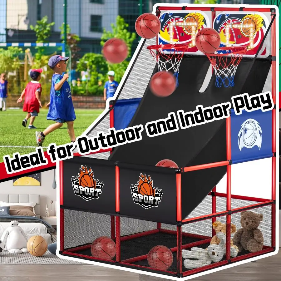 في 1 لعبة أركيد كرة السلة المزدوجة في الأماكن المغلقة والخارجية مع تسجيل LED وصوت، لعبة اللعب الرياضية تتضمن 6 كرات أمبير تعليمات