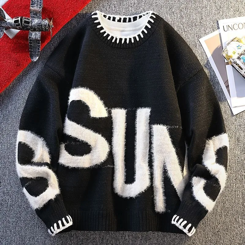 

New Men's Black Pullover Sweater American Classic Men's Red Sweater Color Blocked Warm Top Fashionable Men's Clothing 2025 New